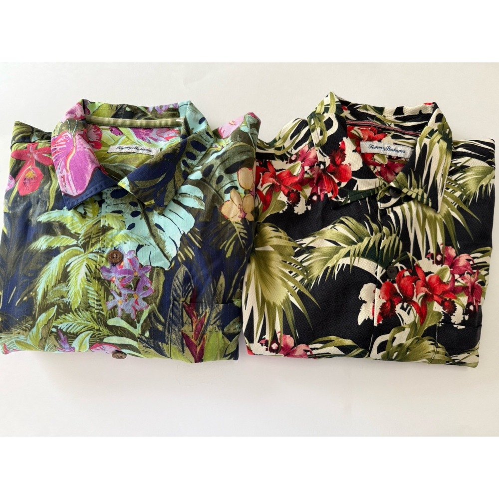 2 Tommy Bahama 100% Silk Hawaiian Shirt Floral Top Button Down Men's Medium